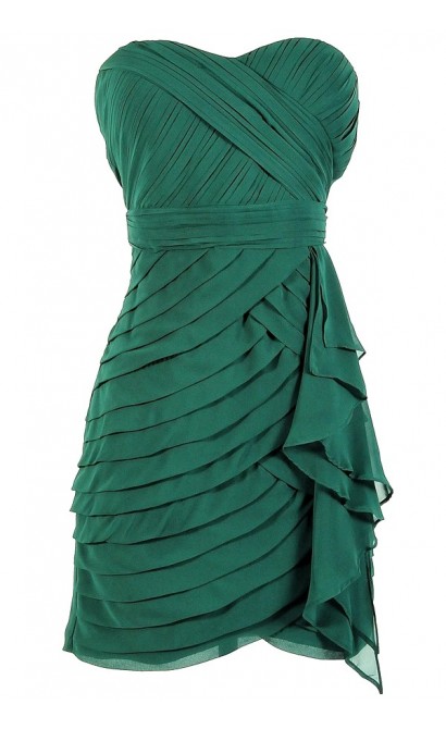 Tiered Strapless Chiffon Designer Dress by Minuet in Hunter Green